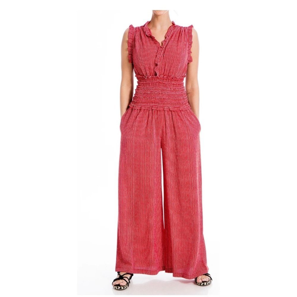 Max Studio Women's V-Neck Smocked Waist Jumpsuit, Red/Cream, Small